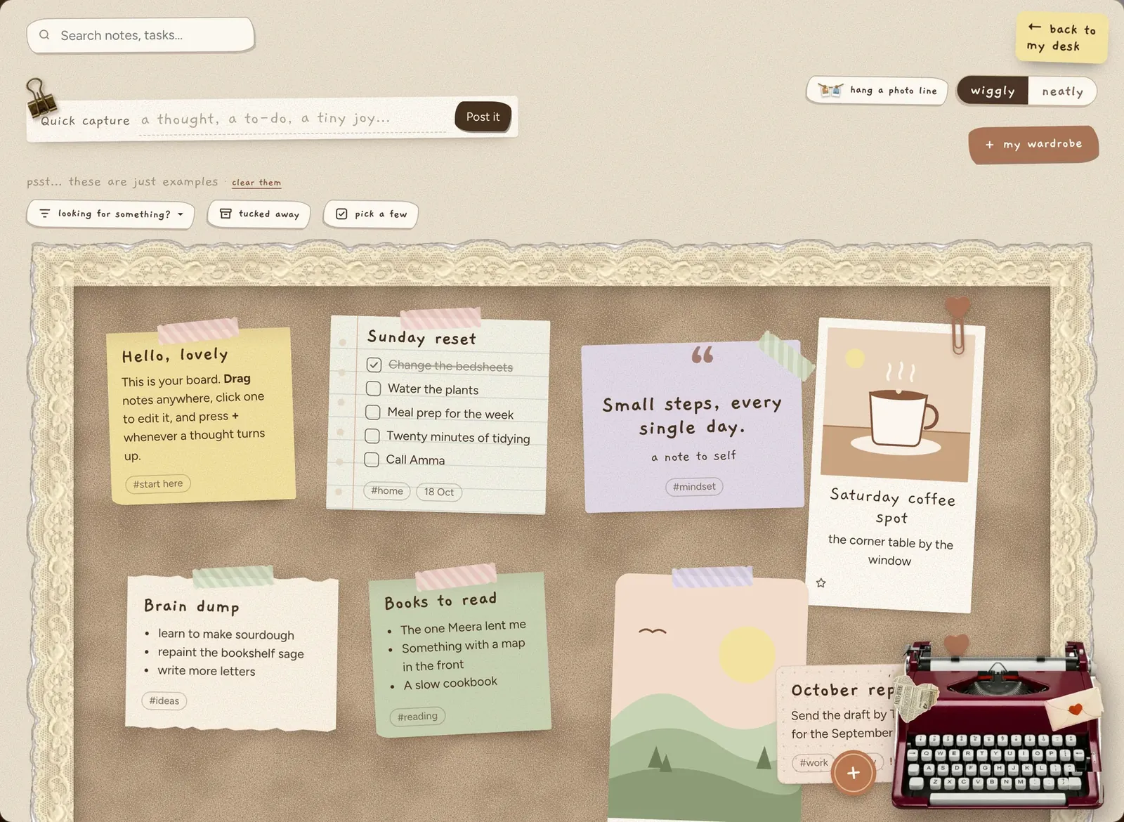 A Wiggly pinboard covered in paper notes, a checklist, a quote card and a vintage typewriter